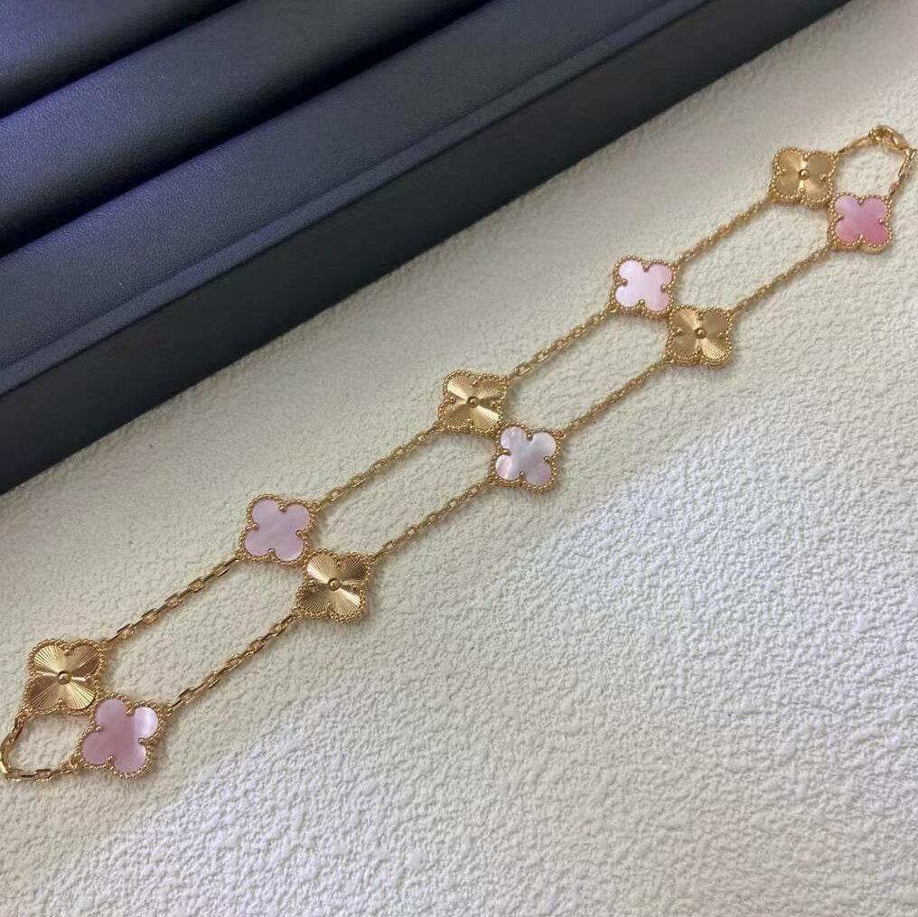 [Elowen jewelsry ]CLOVER 10 MOTIFS  LASER PINK MOP NECKLACE