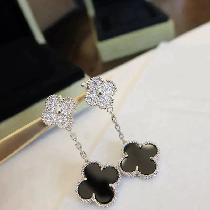 [Elowen jewelsry ]CLOVER 2 MOTIFS  DIAMOND ONYX EARRINGS SILVER