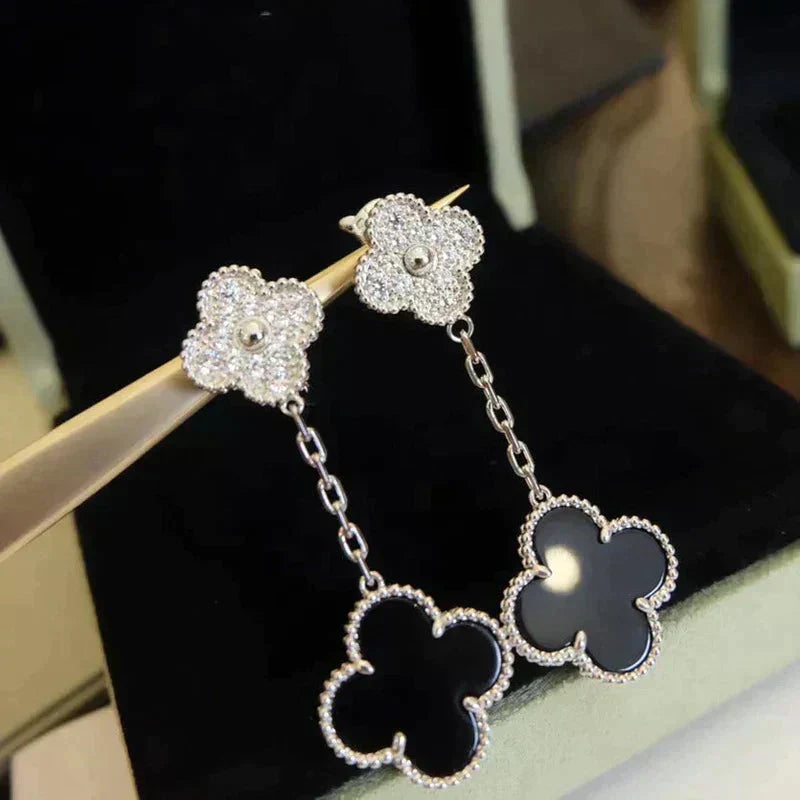 [Elowen jewelsry ]CLOVER 2 MOTIFS  DIAMOND ONYX EARRINGS SILVER