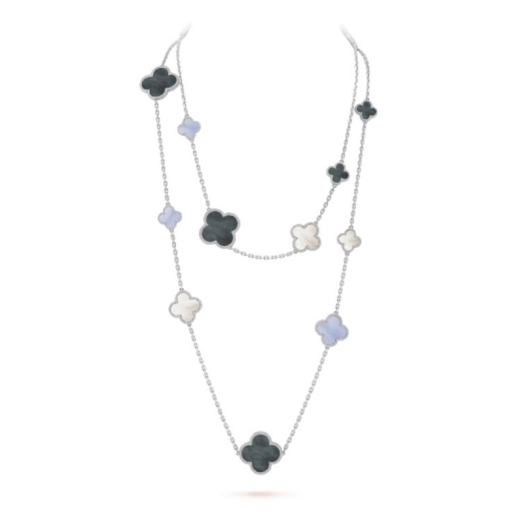 [Elowen Schmuck] CLOVER HALSKETTE AUS SILBER MIT 16 MOTIVEN AUS CHALCEDON UND PERLMUTT