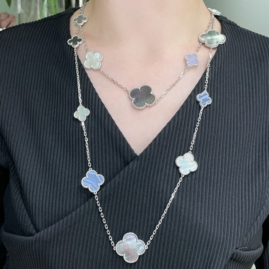 [Elowen jewelsry ]CLOVER 16 MOTIF CHALCEDONY MOP SILVER NECKLACE