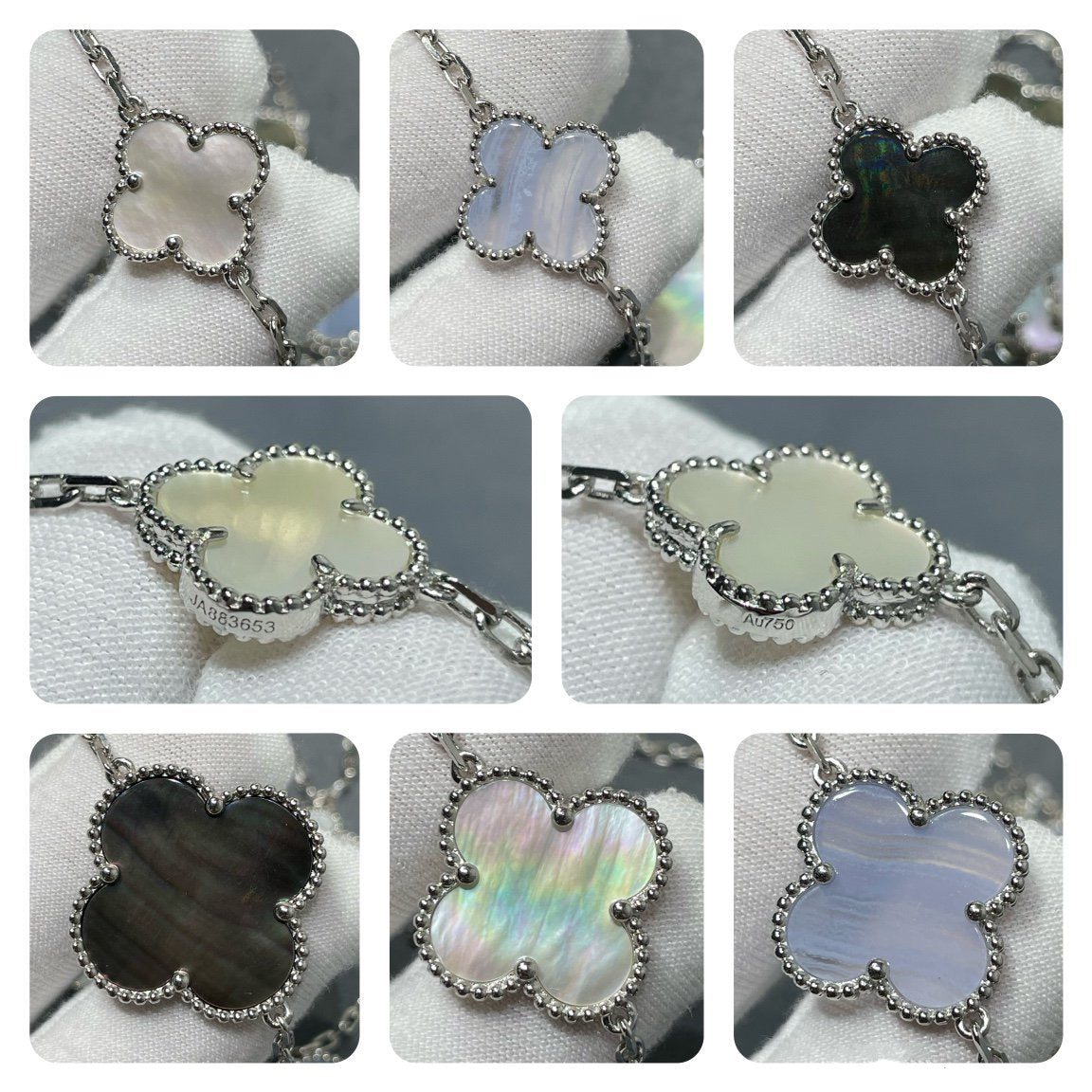 [Elowen Schmuck] CLOVER HALSKETTE AUS SILBER MIT 16 MOTIVEN AUS CHALCEDON UND PERLMUTT