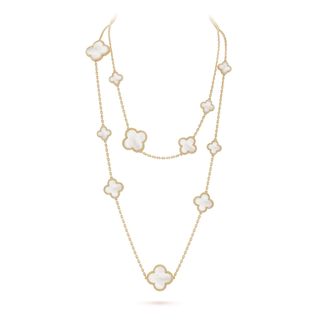[Elowen Schmuck] KLEEBLATT-HALSKETTE MIT 16 MOTIVEN AUS WEISSEM PERLMUTT UND GOLD