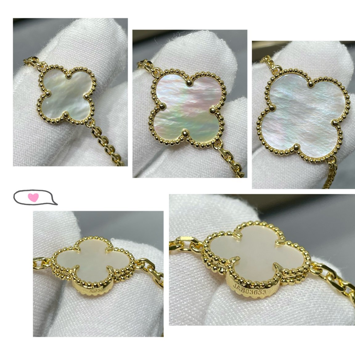 [Elowen Schmuck] KLEEBLATT-HALSKETTE MIT 16 MOTIVEN AUS WEISSEM PERLMUTT UND GOLD