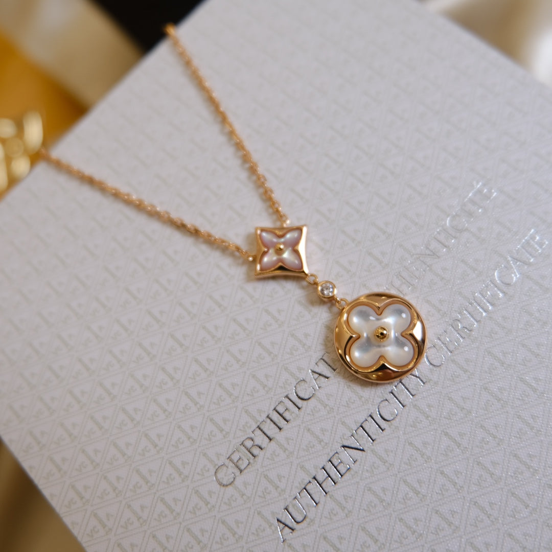 [Elowen jewelsry ]STAR AND SUN WHITE MOP 2 MOTIF PINK GOLD NECKLACE