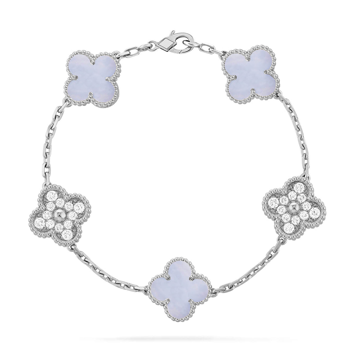 {
  "Elowen jewelsry": "Elowen ジュエリー",
  "CLOVER 5 MOTIF PURPLE CHALCEDONY BRACELET COLLECTION": "クローバー 5モチーフ パープルカルセドニー ブレスレットコレクション"
}
