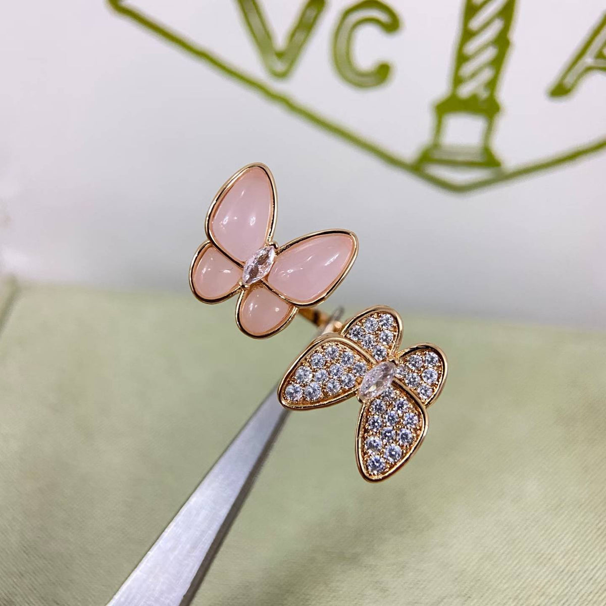 [Elowen jewelsry]ツインバタフライ ニューダイヤモンド＆ピンクバタフライ リング