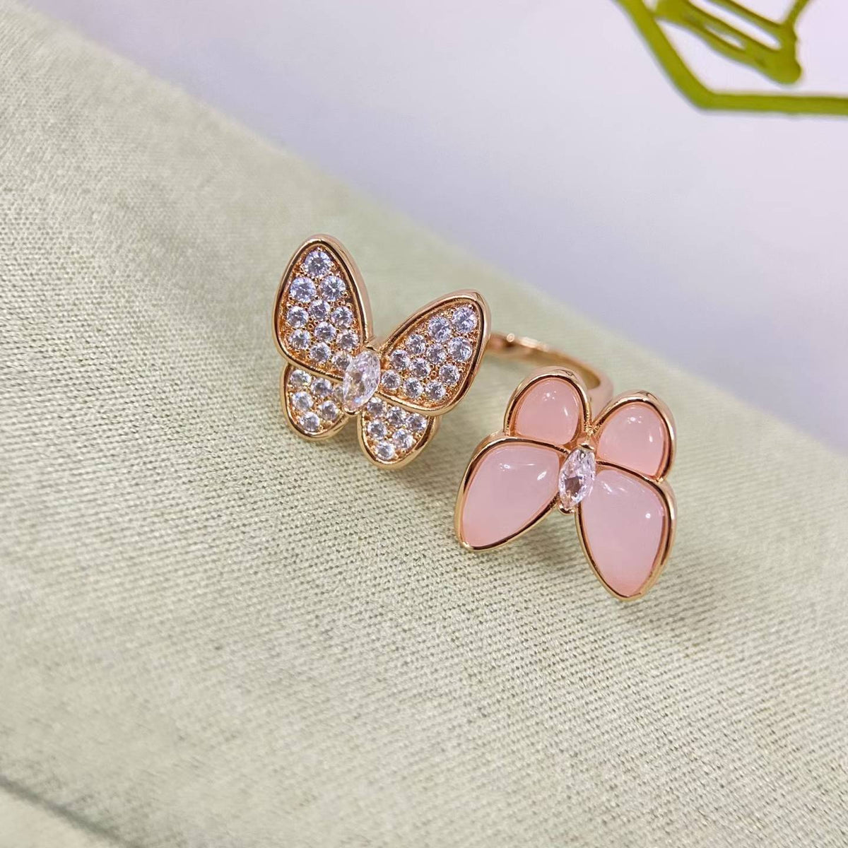 [Elowen jewelsry]ツインバタフライ ニューダイヤモンド＆ピンクバタフライ リング