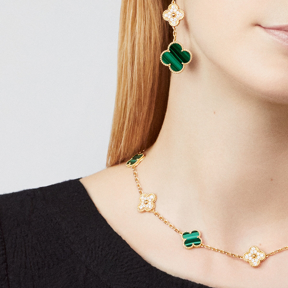 [Elowen jewelsry ]CLOVER 10 MOTIFS MALACHITE DIAMOND NECKLACE