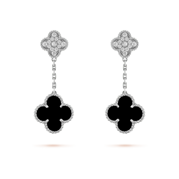 [Elowen jewelsry ]CLOVER 2 MOTIFS  DIAMOND ONYX EARRINGS SILVER