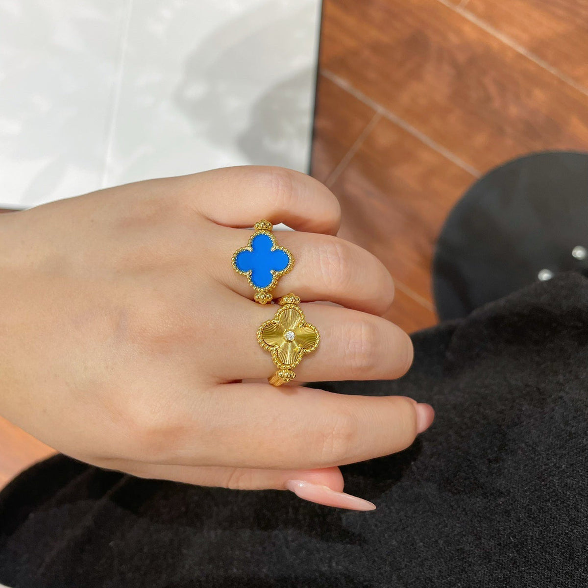 [Elowen jewelsry ]CLOVER RIVERSIBLE BLUE AGATE RING