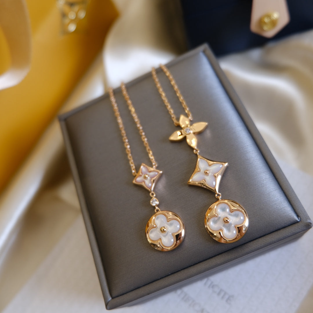[Elowen jewelsry ]COLOR BLOSSOM LARIAT NECKLACE PINK GOLD WHITE MOTHER PEARL AND DIAMOND