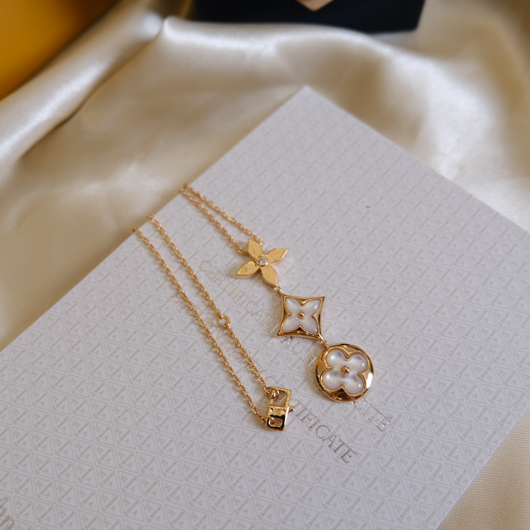 [Elowen jewelsry ]COLOR BLOSSOM LARIAT NECKLACE PINK GOLD WHITE MOTHER PEARL AND DIAMOND