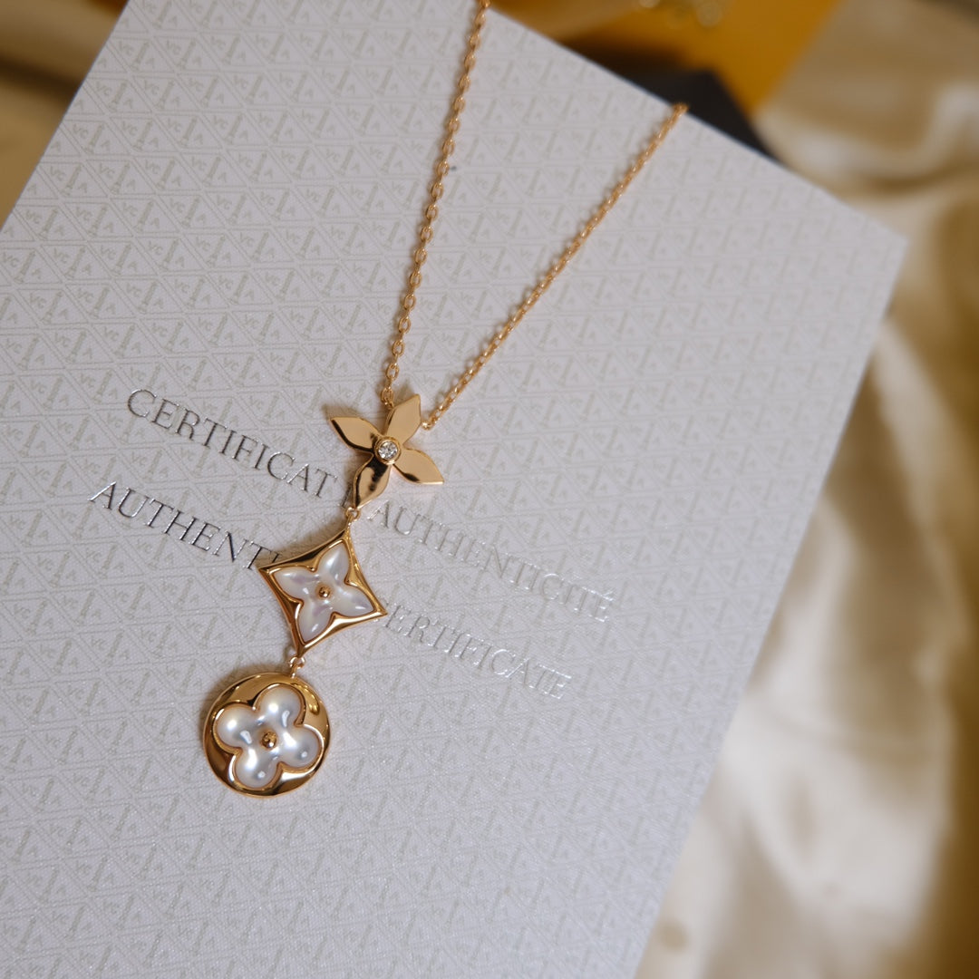 [Elowen jewelsry ]COLOR BLOSSOM LARIAT NECKLACE PINK GOLD WHITE MOTHER PEARL AND DIAMOND