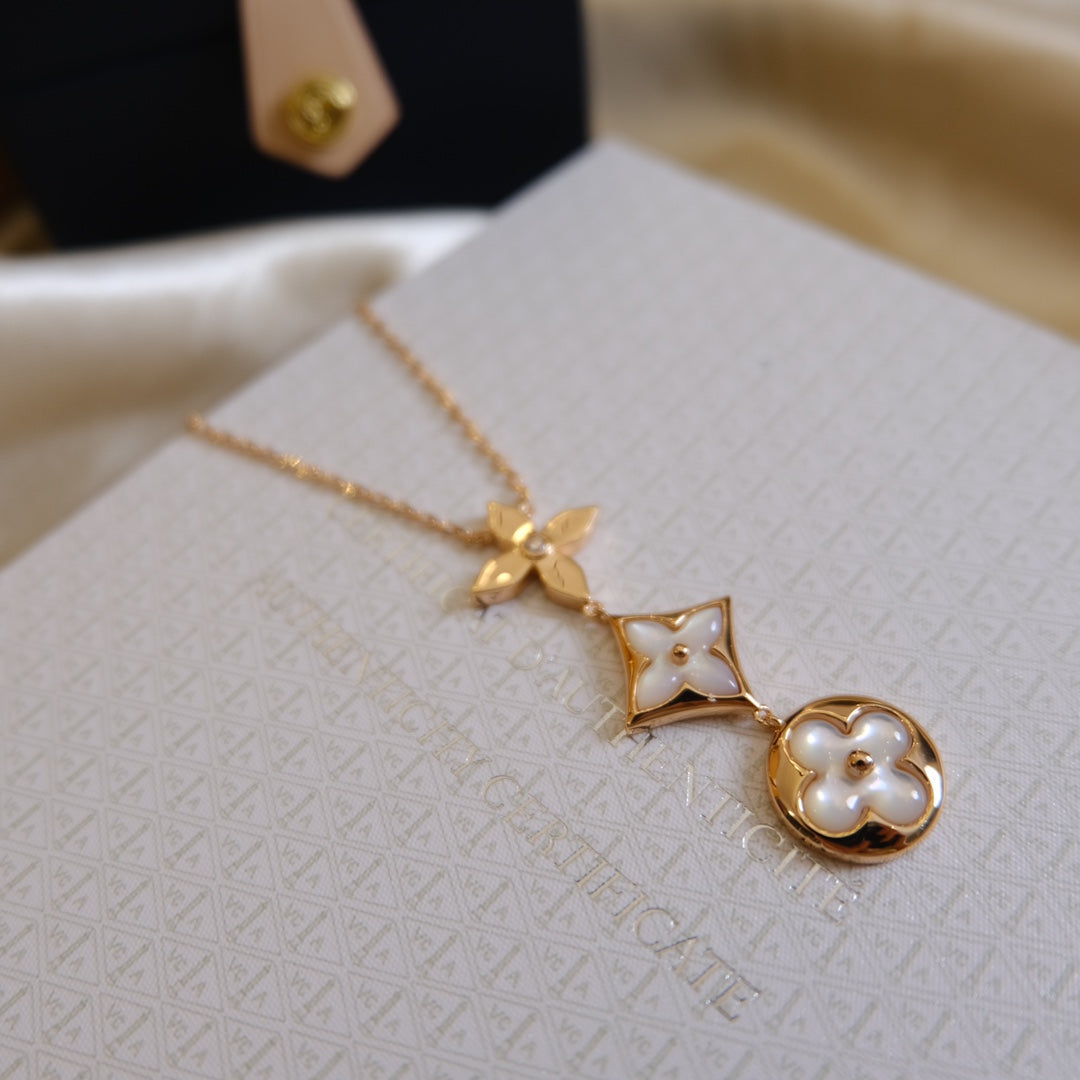 [Elowen jewelsry ]COLOR BLOSSOM LARIAT NECKLACE PINK GOLD WHITE MOTHER PEARL AND DIAMOND
