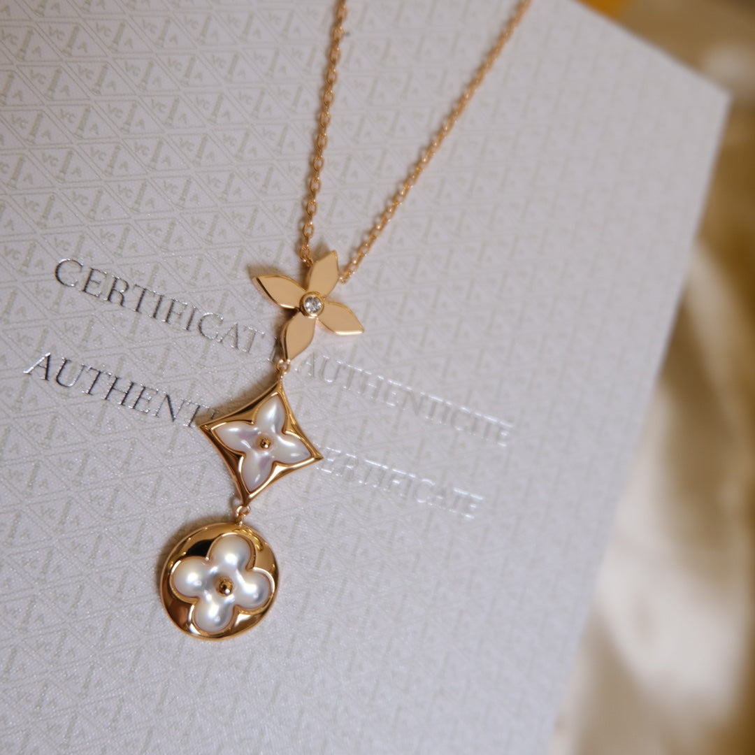 [Elowen jewelsry ]COLOR BLOSSOM LARIAT NECKLACE PINK GOLD WHITE MOTHER PEARL AND DIAMOND