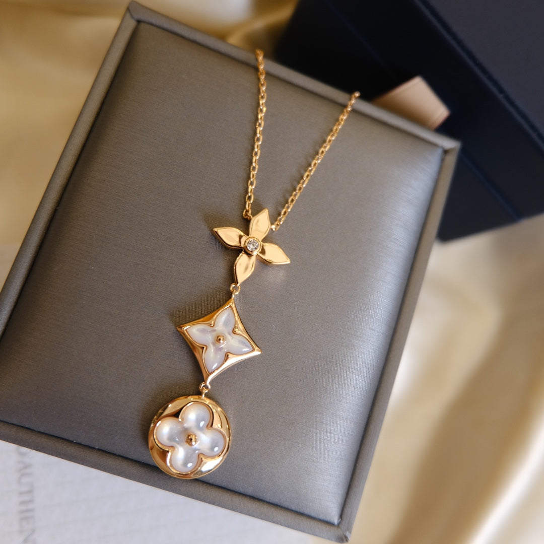 [Elowen jewelsry ]COLOR BLOSSOM LARIAT NECKLACE PINK GOLD WHITE MOTHER PEARL AND DIAMOND