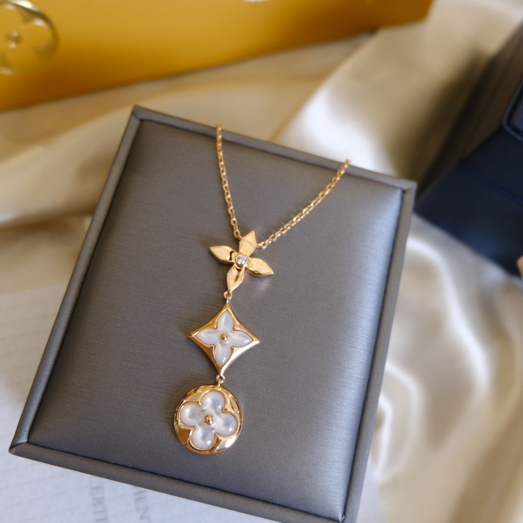 [Elowen jewelsry ]COLOR BLOSSOM LARIAT NECKLACE PINK GOLD WHITE MOTHER PEARL AND DIAMOND