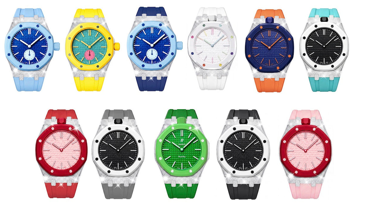 Exclusive Royal Oak Pop model, steel frosted gold case with a silicone strap