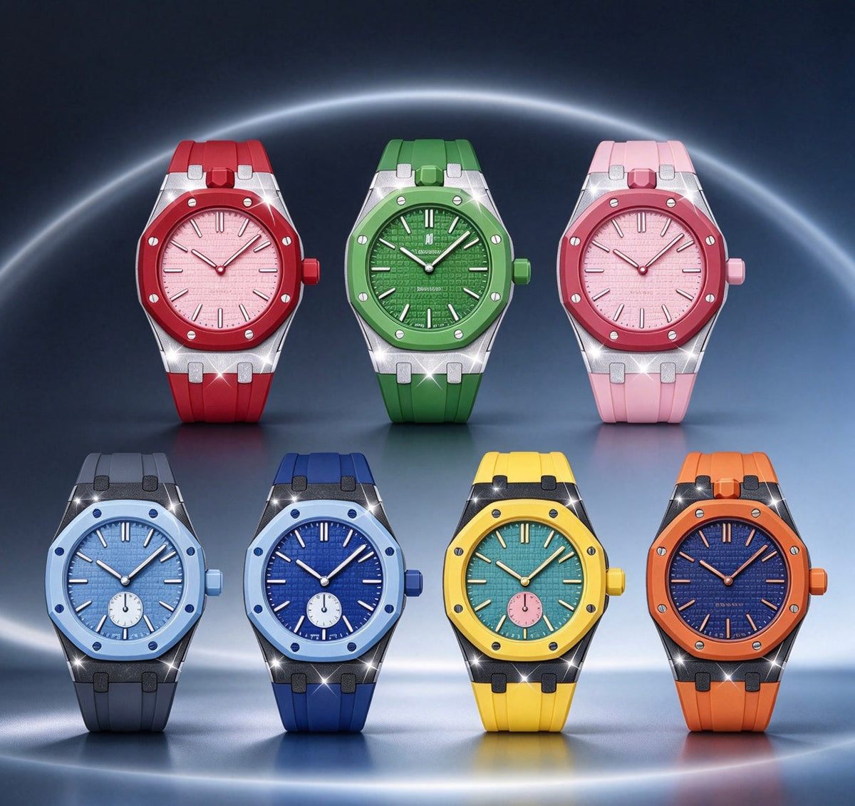 Exclusive Royal Oak Pop model, steel frosted gold case with a silicone strap