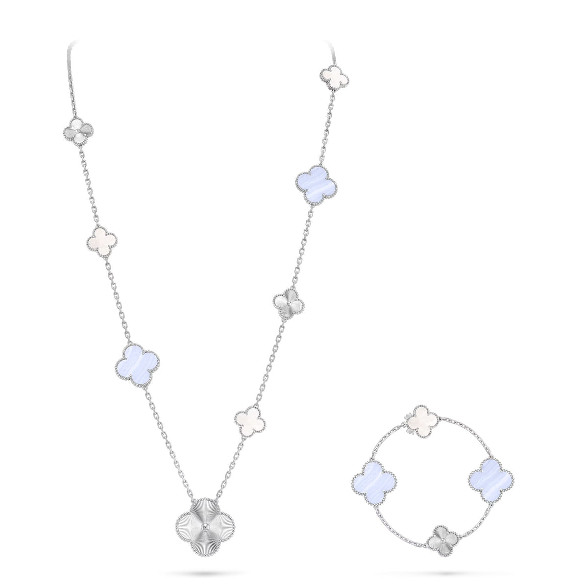 [Elowen Schmuck] ABNEHMBARES KLEEBATT 15(11+4) BLUMEN-SILBERHALSKETTEN-SET