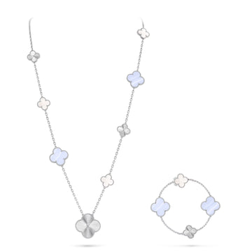 [Elowen Schmuck] ABNEHMBARES KLEEBATT 15(11+4) BLUMEN-SILBERHALSKETTEN-SET