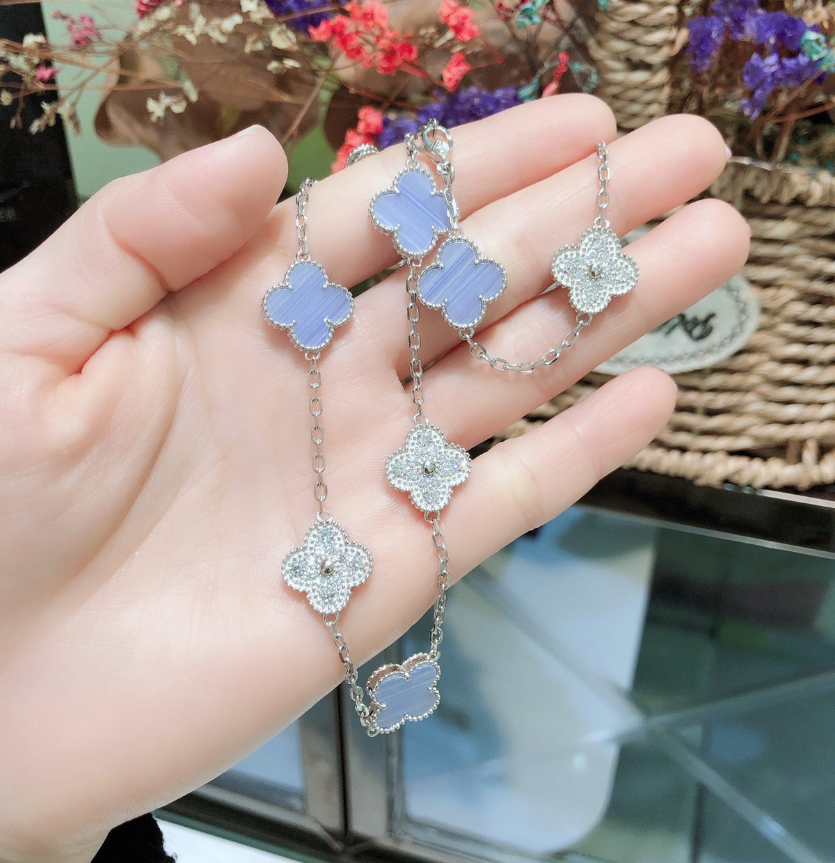 [Elowen jewelsry ]クローバー 10モチーフ カルセドニー ダイヤモンド シルバーネックレス