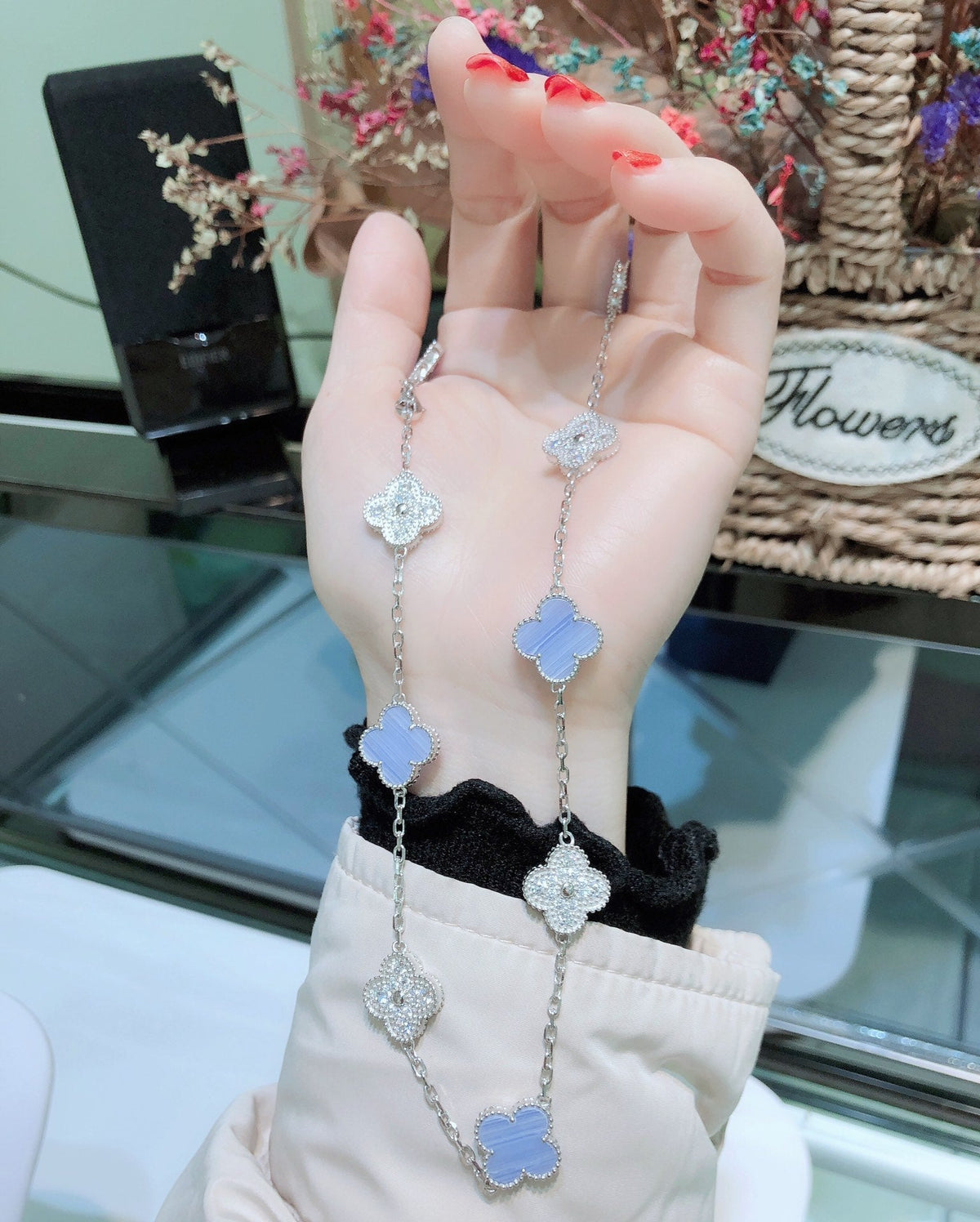 [Elowen jewelsry ]クローバー 10モチーフ カルセドニー ダイヤモンド シルバーネックレス